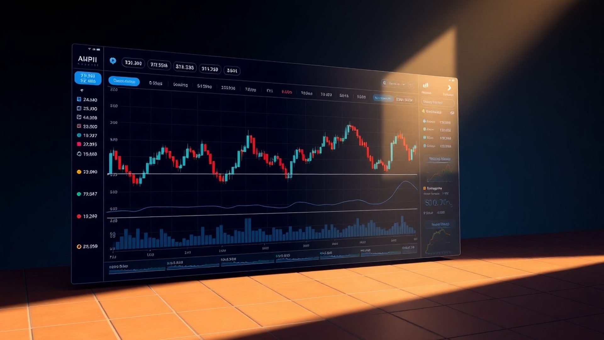 Panel de trading algorítmico en tonos índigo con series de precio y métricas